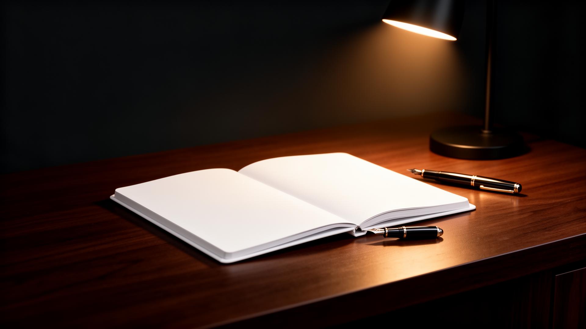Caderno aberto com caneta sobre secretária de madeira escura, luz quente de candeeiro.